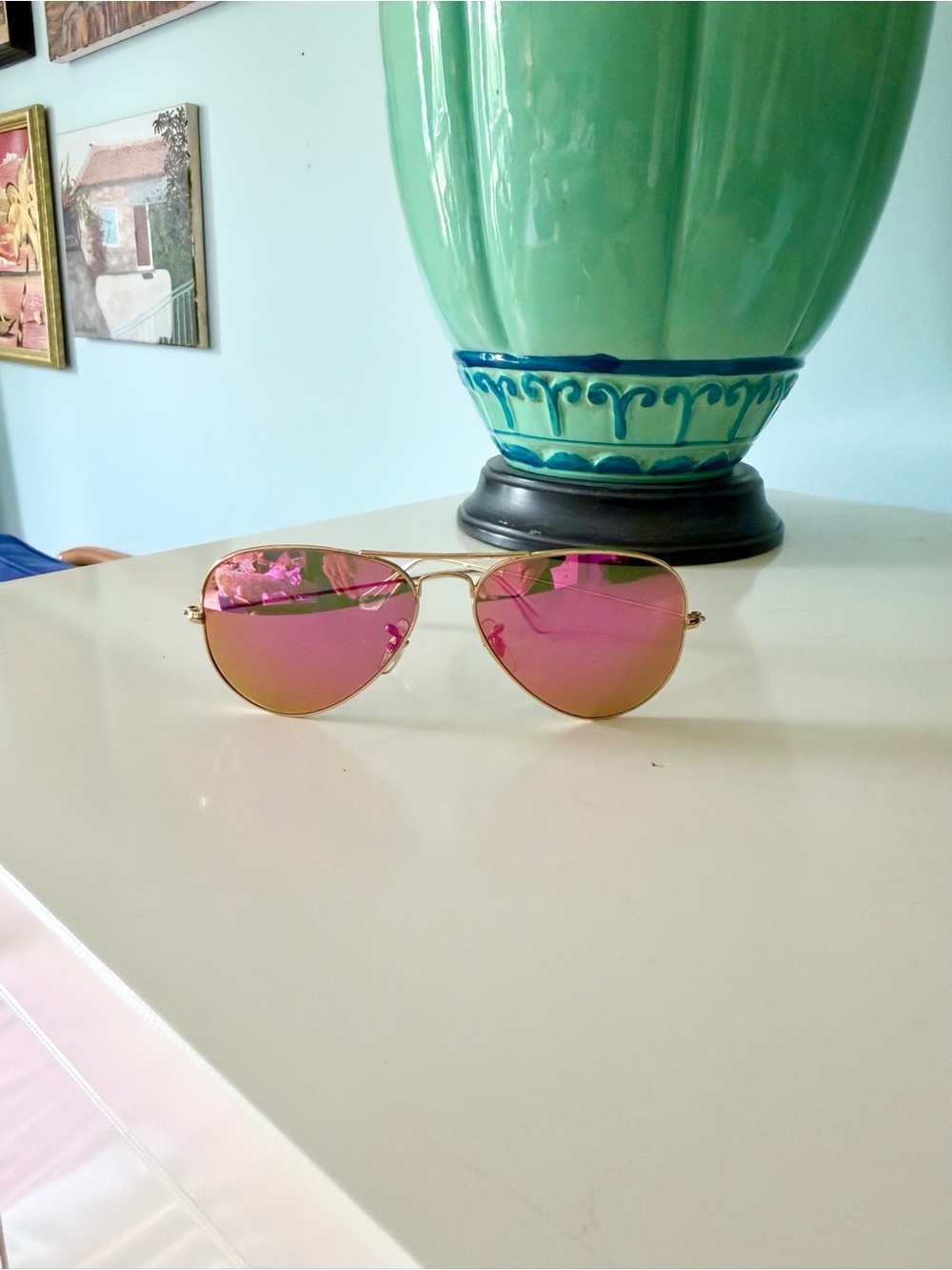 Ray-Ban Gold Frame Sunglasses with Pink Mirrored Lenses